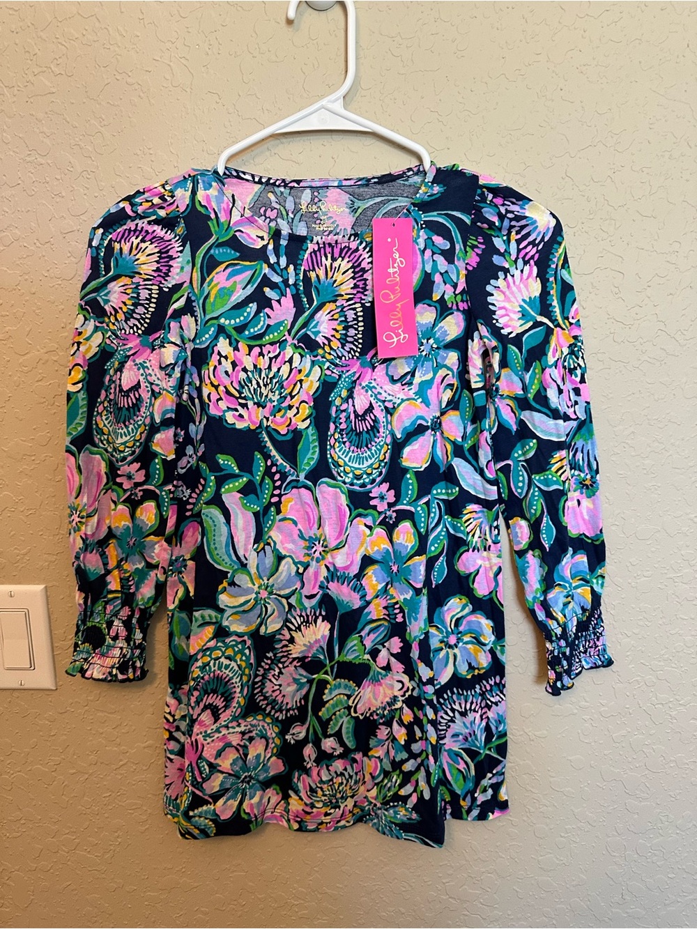 Lilly Pulitzer Navy Floral Puff-Sleeve Blouse - Pink, Green & Blue